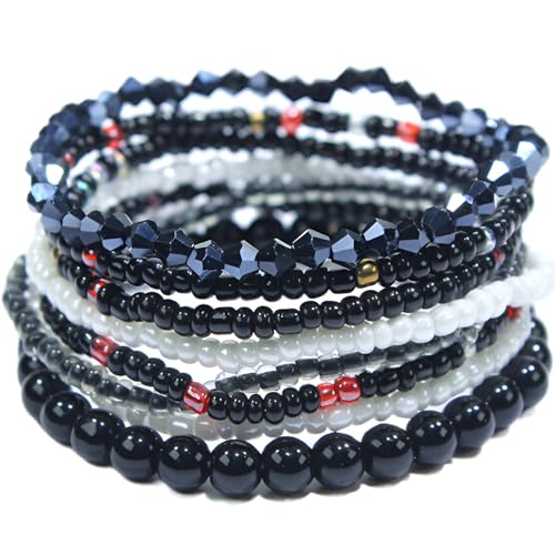 SREFGAS Schwarz Armband für Damen Frauen Bunte Armbänder Boho Armband Set Strand Sommer Multicolor Schmuck Beaded Bracelets 8 stk von SREFGAS