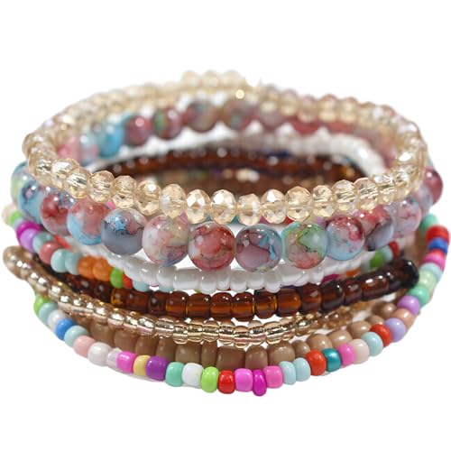 SREFGAS Vielfarbig Armband für Damen Frauen Bunte Armbänder Boho Armband Set Strand Sommer Multicolor Schmuck Beaded Bracelets 8 stk von SREFGAS
