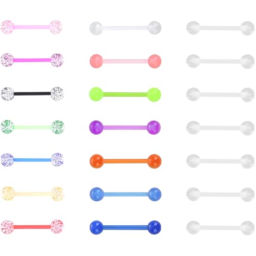 SREFGAS Vielfarbig Barbell Piercing Set für Damen Herren 14 G Acryl Bioflex Nippelpiercing Zungenpiercing Bar Helix Clear Stud Brustwarzenpiercing Kit Kugel Schmuck 21 stk Länge 16 mm von SREFGAS