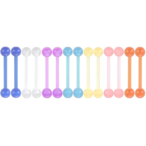 SREFGAS Vielfarbig Leuchtend im Dunkeln Barbell Piercing Kit für Damen Herren Bioflex Acryl Zungenpiercing 14 G Brustwarzenpiercing Schmuck Set Nippelpiercing Bar Helix Kugel 14 stk Länge 16 MM von SREFGAS