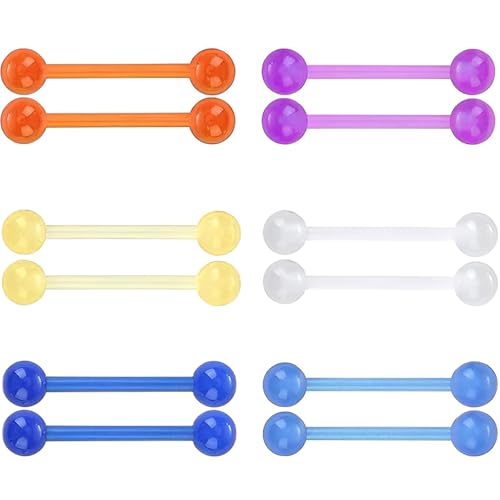 SREFGAS Vielfarbig Leuchtend im Dunkeln Barbell Piercing Set für Damen Herren 14 G Acryl Zungenpiercing Bioflex Nippelpiercing Bar Brustwarzenpiercing Kit Helix Kugel Schmuck 12 stk Länge 16 MM von SREFGAS