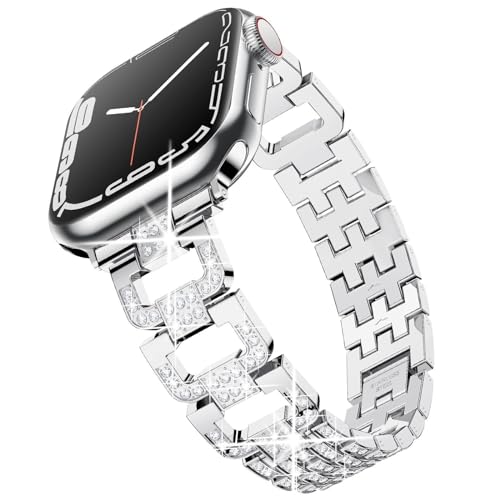 SRENA Metallarmband, kompatibel mit Damen-Armbändern der Ultra iWatch Serie 9, 8, 7, 6, 5, 4, 3, 2, 1 SE, 44 mm, 40 mm, 45 mm, 41 mm, 49 mm, 42 mm, 38 mm, glitzernd, für Herren, Farbe: Silber von SRENA