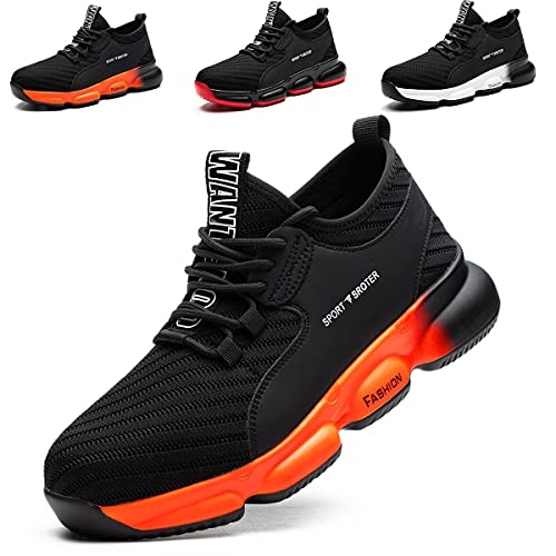 SROTER Arbeitsschuhe Herren Damen Stahlkappe Sicherheitsschuhe Leicht Sportlich Wanderhalbschuhe Atmungsaktiv Schutzschuhe Turnschuhe Schwarz Orange 41 EU von SROTER