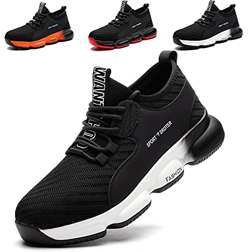 SROTER Arbeitsschuhe Herren Damen Stahlkappe Sicherheitsschuhe Leicht Sportlich Wanderhalbschuhe Atmungsaktiv Schutzschuhe Turnschuhe Schwarz Weiß 45 EU von SROTER
