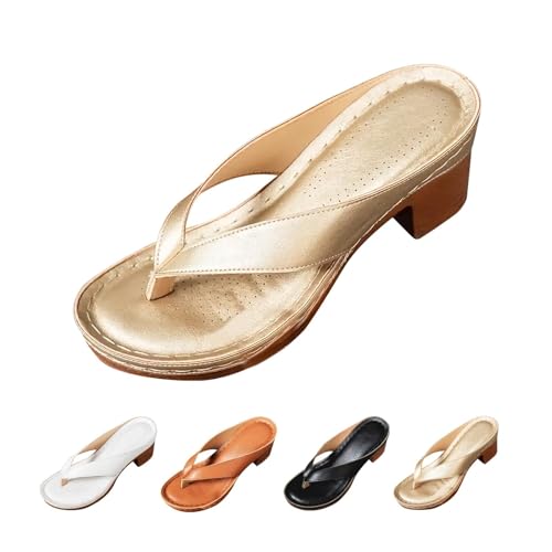 SRTUMEY Damen-Sandalen mit klobigem Absatz, Damen-Slipper mit offenem Zehenbereich, Flip-Flops, Freizeitschuhe, gold, 38 EU von SRTUMEY