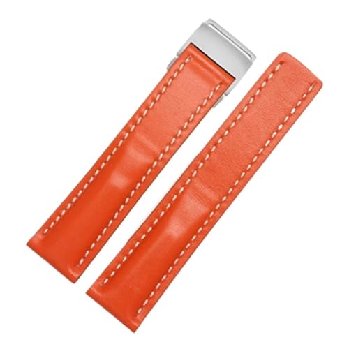 SRTYDCUR Kompatibel mit Breitling-Uhrenarmband, 22 mm, 24 mm, Echtlederarmband, Herrenuhr, Rindslederarmband mit Faltschließe(Orange,22mmSilver Buckle) von SRTYDCUR
