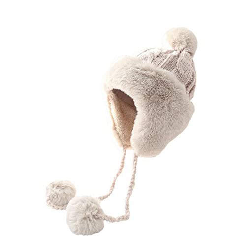 SRUQ Damen Beanie Mütze warme Wintermütze Beanie Hut gestrickte Mützen mit weichem Strickmützen Futter Pelz Bommel Klassische Mütze für Indoor Outdoor (Beige) von SRUQ