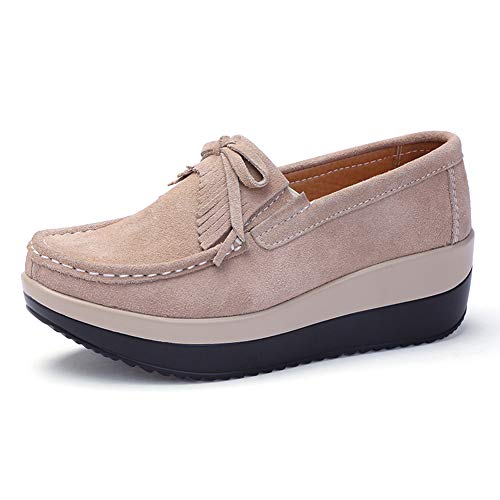 SRUQ Damen Halbschuhe Mokassins Plateau Flache Schuhe Wildleder Klassisch Loafers Schlupf Sneaker (Beige, Numeric_36) von SRUQ