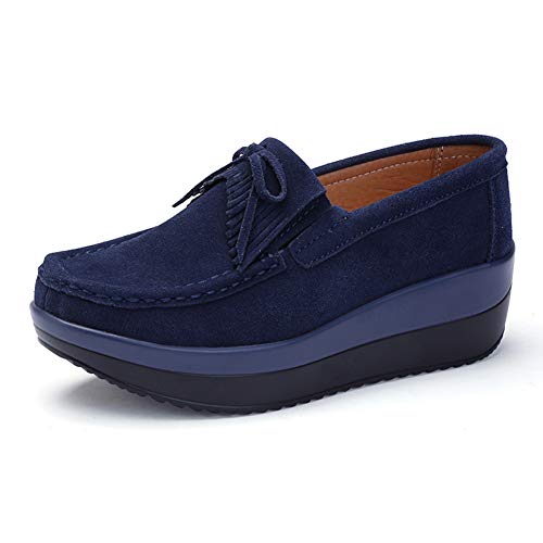 SRUQ Damen Halbschuhe Mokassins Plateau Flache Schuhe Wildleder Klassisch Loafers Schlupf Sneaker (Blau, Numeric_42) von SRUQ