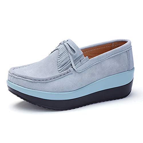 SRUQ Damen Halbschuhe Mokassins Plateau Flache Schuhe Wildleder Klassisch Loafers Schlupf Sneaker (Grau, Numeric_36) von SRUQ