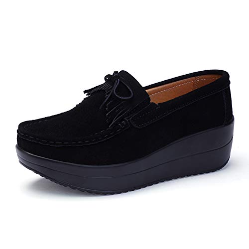 SRUQ Damen Halbschuhe Mokassins Plateau Flache Schuhe Wildleder Klassisch Loafers Schlupf Sneaker (Schwarz, Numeric_37) von SRUQ