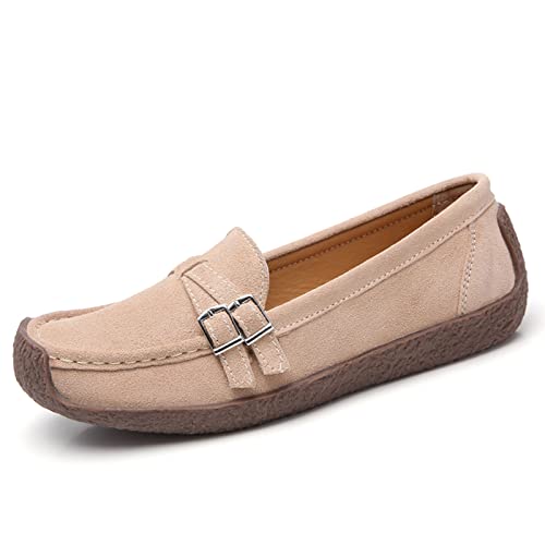 SRUQ Damen Hausschuhe Loafer Classic Slip on Wildleder Schnalle Mokassins Lässige Wanderschuhe (Beige, Numeric_40) von SRUQ