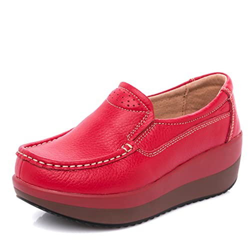 SRUQ Damen Leder Mokassins Plateau Loafer Slip On Wedge Casual Wanderschuhe (Rot, Numeric_37) von SRUQ