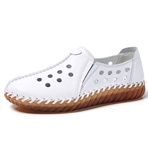 SRUQ Damen Leder Mokassins zum Hineinschlüpfen lässig Bequem Loafer Flache Pumps Hausschuhe Mokassin Wander Arbeitsschuhe (Weiß-1, Numeric_41) von SRUQ