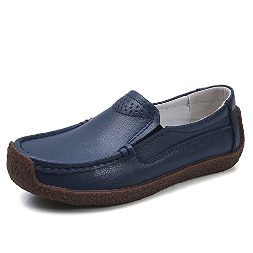 SRUQ Damen Loafer Mokassin Damen Classic Slip on Leder Mokassins Casual Walking Driving Schuhe (Blau, Numeric_41) von SRUQ