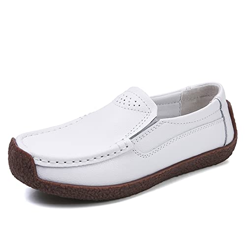 SRUQ Damen Loafer Mokassin Damen Classic Slip on Leder Mokassins Casual Walking Driving Schuhe (Weiß, Numeric_40) von SRUQ