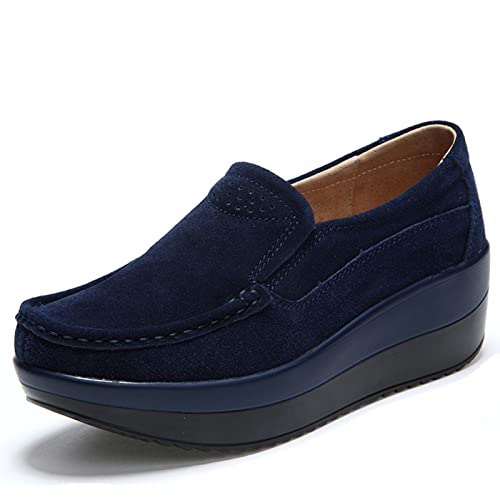 SRUQ Damen Loafer Plateau Wildleder Wanderschuhe Modische Mokassins Klassisch Atmungsaktiv Outdoor Indoor Keilschuhe Sneakers (Blau, Numeric_36) von SRUQ