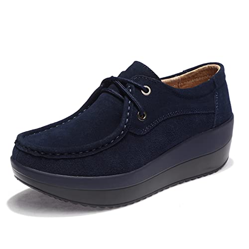 SRUQ Damen Loafer Plateau Wildleder Wanderschuhe Modische Mokassins Klassisch Atmungsaktiv Outdoor Indoor Keilschuhe Sneakers (Blau-2, Numeric_38) von SRUQ