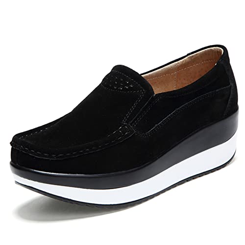 SRUQ Damen Loafer Plateau Wildleder Wanderschuhe Modische Mokassins Klassisch Atmungsaktiv Outdoor Indoor Keilschuhe Sneakers (Schwarz, Numeric_38) von SRUQ