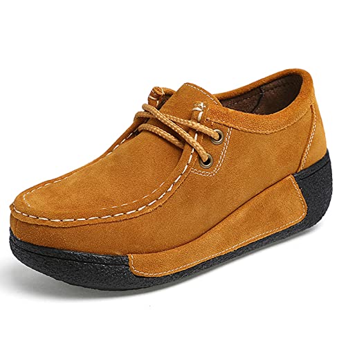 SRUQ Damen Loafer Plattform Wildleder Wanderschuhe Mode Mokassins Klassische Outdoor Indoor Keilschuhe Turnschuhe (Gelb, Numeric_41) von SRUQ