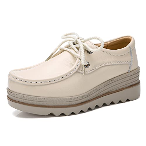 SRUQ Damen Loafer Weiche Ledermokassins Damen Plateau Wanderschuhe Schnürschuhe Klassisch Outdoor Indoor Keilschuhe (Beige, Numeric_38) von SRUQ