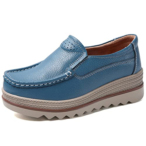 SRUQ Damen Loafer Weiche Ledermokassins Damen Plateau Wanderschuhe Schnürschuhe Klassisch Outdoor Indoor Keilschuhe (Blau-1, Numeric_38) von SRUQ