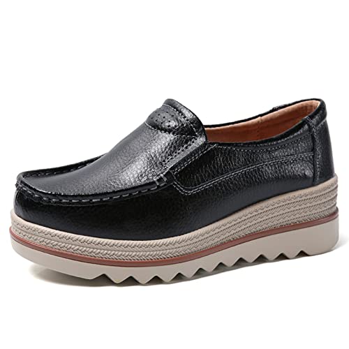 SRUQ Damen Loafer Weiche Ledermokassins Damen Plateau Wanderschuhe Schnürschuhe Klassisch Outdoor Indoor Keilschuhe (Schwarz-1, Numeric_35) von SRUQ