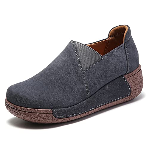 SRUQ Damen Loafer Weiche Wildleder Mokassins Plateau Wanderschuhe zum Hineinschlüpfen Klassische Outdoor Wedge Schuhe für den Innenbereich (Grau, Numeric_36) von SRUQ