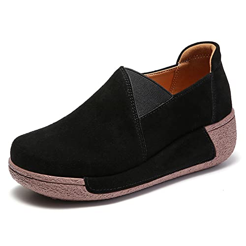 SRUQ Damen Loafer Weiche Wildleder Mokassins Plateau Wanderschuhe zum Hineinschlüpfen Klassische Outdoor Wedge Schuhe für den Innenbereich (Schwarz, Numeric_40) von SRUQ