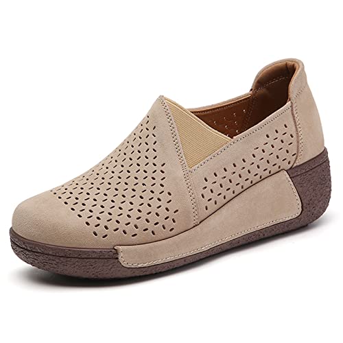 SRUQ Damen Loafer Wildleder Mokassins Plateau-Wanderschuhe ausgehöhlt Hineinschlüpfen Outdoor-Innenschuhe mit Keilabsatz für den Frühling und Sommer (Beige, Numeric_37) von SRUQ