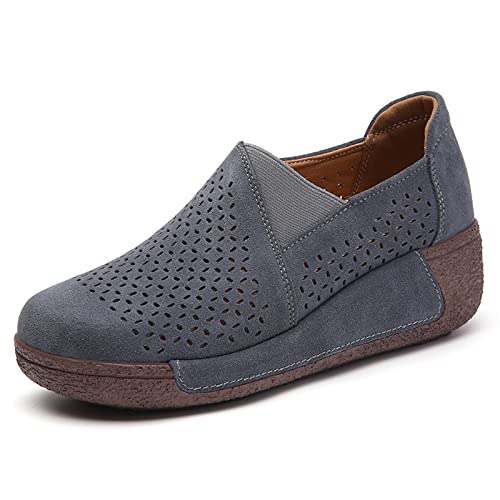 SRUQ Damen Loafer Wildleder Mokassins Plateau-Wanderschuhe ausgehöhlt Hineinschlüpfen Outdoor-Innenschuhe mit Keilabsatz für den Frühling und Sommer (Dunkelgrau, Numeric_40) von SRUQ