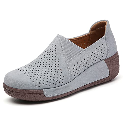SRUQ Damen Loafer Wildleder Mokassins Plateau-Wanderschuhe ausgehöhlt Hineinschlüpfen Outdoor-Innenschuhe mit Keilabsatz für den Frühling und Sommer (Grau, Numeric_39) von SRUQ
