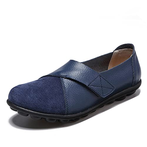 SRUQ Damen Mokassins Bootsschuhe Leder Arbeitsschuhe Freizeit Flache Loafers Halbschuhe Fahren Sandalen Klettverschluss Erbsenschuhe (Blau, Numeric_39) von SRUQ