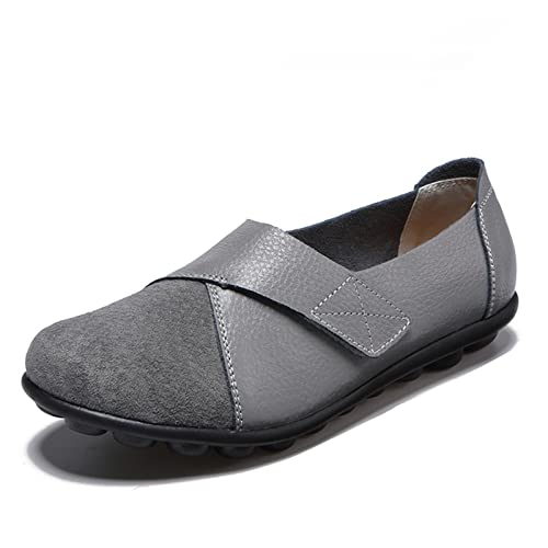 SRUQ Damen Mokassins Bootsschuhe Leder Arbeitsschuhe Freizeit Flache Loafers Halbschuhe Fahren Sandalen Klettverschluss Erbsenschuhe (Grau, Numeric_40) von SRUQ