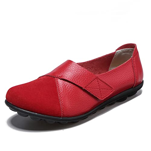 SRUQ Damen Mokassins Bootsschuhe Leder Arbeitsschuhe Freizeit Flache Loafers Halbschuhe Fahren Sandalen Klettverschluss Erbsenschuhe (Rot, Numeric_40) von SRUQ