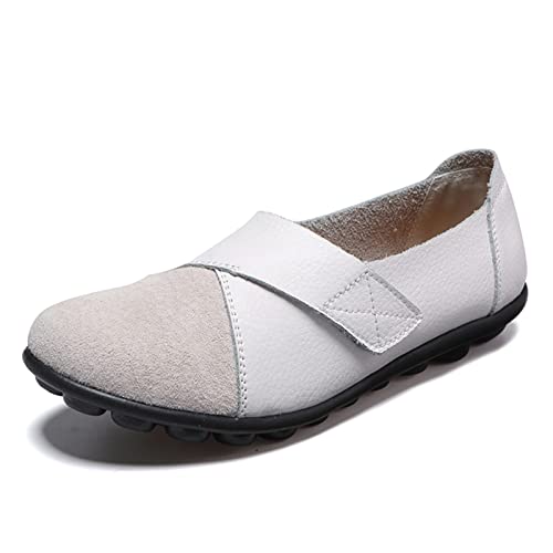 SRUQ Damen Mokassins Bootsschuhe Leder Arbeitsschuhe Freizeit Flache Loafers Halbschuhe Fahren Sandalen Klettverschluss Erbsenschuhe (Weiß, Numeric_40) von SRUQ
