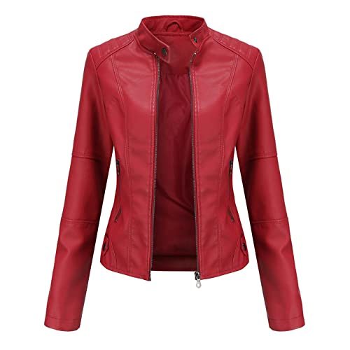 SRUQ Damen PU Lederjacke Biker Style Softjacken mit Reißverschlusstaschen Ausgestatteter Vintage Kurzmantel (Rot, M) von SRUQ