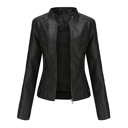 SRUQ Damen PU Lederjacke Biker Style Softjacken mit Reißverschlusstaschen Ausgestatteter Vintage Kurzmantel (Schwarz, XXXL) von SRUQ