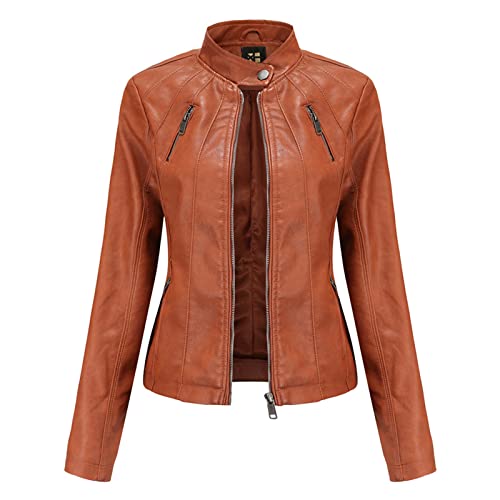 SRUQ Damen PU Lederjacke mit Reißverschluss Motorradjacke Bikerjacke für Herbst Frühling (Braun, XXXL) von SRUQ