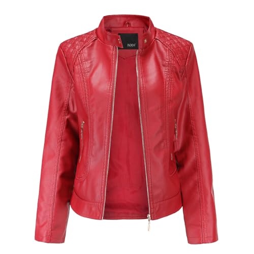 SRUQ Damen PU Lederjacke mit Reißverschluss Motorradjacke Bikerjacke für Herbst Frühling (Rot, L) von SRUQ