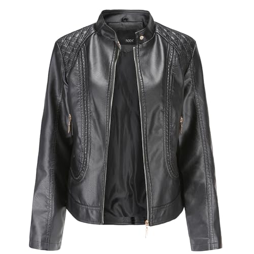 SRUQ Damen PU Lederjacke mit Reißverschluss Motorradjacke Bikerjacke für Herbst Frühling (Schwarz, XXXL) von SRUQ