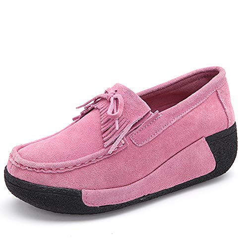 SRUQ Damen Plateau Loafer Damen Wildleder Klassische Mokassins Slip On Casual Walking Driving Wedges Schuhe (Hell-Pink, Numeric_39) von SRUQ