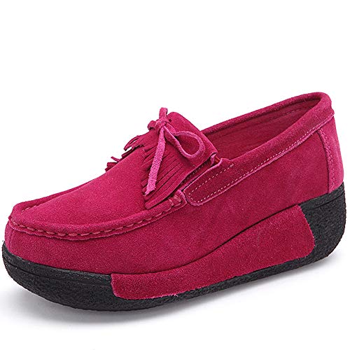 SRUQ Damen Plateau Loafer Damen Wildleder Klassische Mokassins Slip On Casual Walking Driving Wedges Schuhe (Rose Rot, Numeric_39) von SRUQ