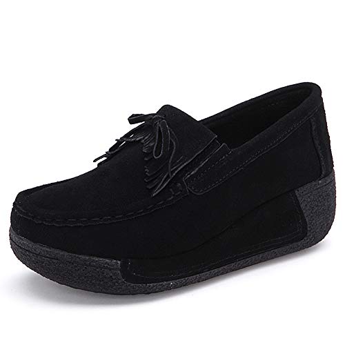 SRUQ Damen Plateau Loafer Damen Wildleder Klassische Mokassins Slip On Casual Walking Driving Wedges Schuhe (Schwarz, Numeric_38) von SRUQ