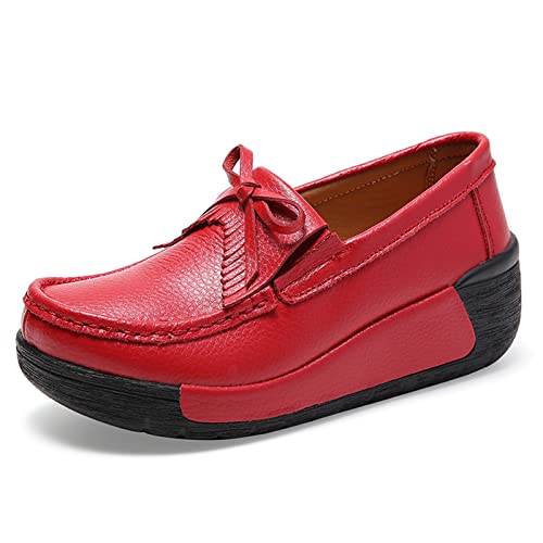 SRUQ Damen Plateau Loafer Weiches Leder Mokassins Quasten Schleife Wanderschuhe Low-Top Slip on Klassische Outdoor Innenschuhe mit Keilabsatz (Rot, Numeric_38) von SRUQ