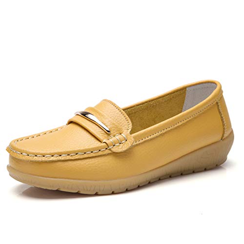 SRUQ Damen Slipper Mokassins aus weichem Leder Stillschuhe Damen Wanderschuhe Low-top Klassisch Outdoor Indoor Flats Fahrschuhe (Gelb, Numeric_42) von SRUQ