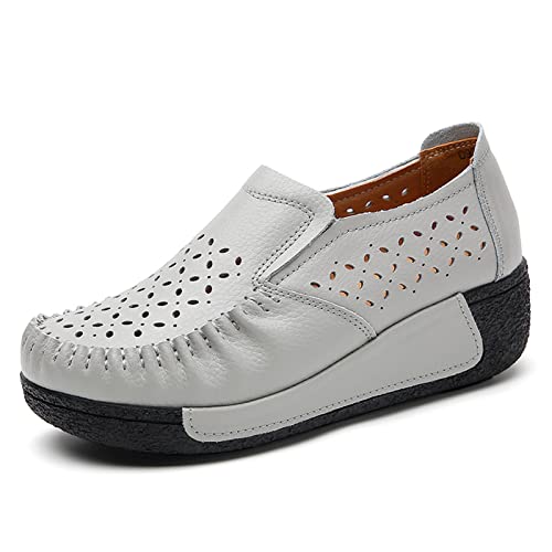 SRUQ Loafer Damen aus Weichem Leder mit Plattform Mokassins Wanderschuhe Low-Top Durchbrochene Klassische Outdoor Indoor Wedge Schuhe (Grau, Numeric_35) von SRUQ