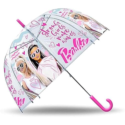 SRV Hub Barbie Kinder-Regenschirm aus PVC, 74 cm, transparente Kuppel/Glockenschirm für Kinder, winddichter Stockschirm für Mädchen, hält junge Sportler trocken und glücklich, 3–7 Jahre, Barbie, S, von SRV Hub