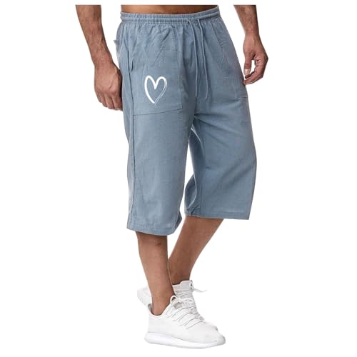 SRZYMJ 7 8 Hose Herren, 3/4 Leinenhose Sommer Kurze Hosen - Casual Leinen-Shorts 7/8 Caprihose Leichte Dreiviertel Sommerhose Jogginghose Sweatshorts Arbeitshose Cargo Bermuda Shorts Mit Taschen Blue von SRZYMJ
