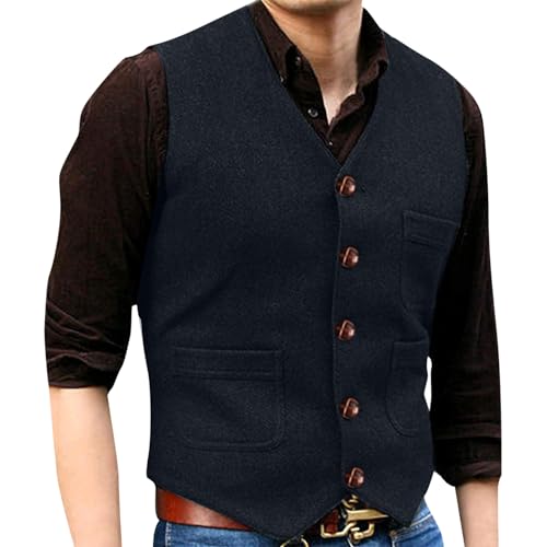 SRZYMJ Anzugweste für Herren Elegant Hochzeit Weste Klassische Einfarbig Casual Businessweste Formelle Smoking Anzugwesten mit Taschen Marine Anzug Weste V-Ausschnitt Strickjacke Herren Schwarz von SRZYMJ